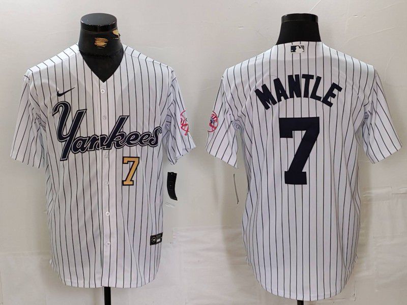 Men New York Yankees 7 Mantle White stripe Three generations of joint names Nike 2024 MLB Jersey style 2